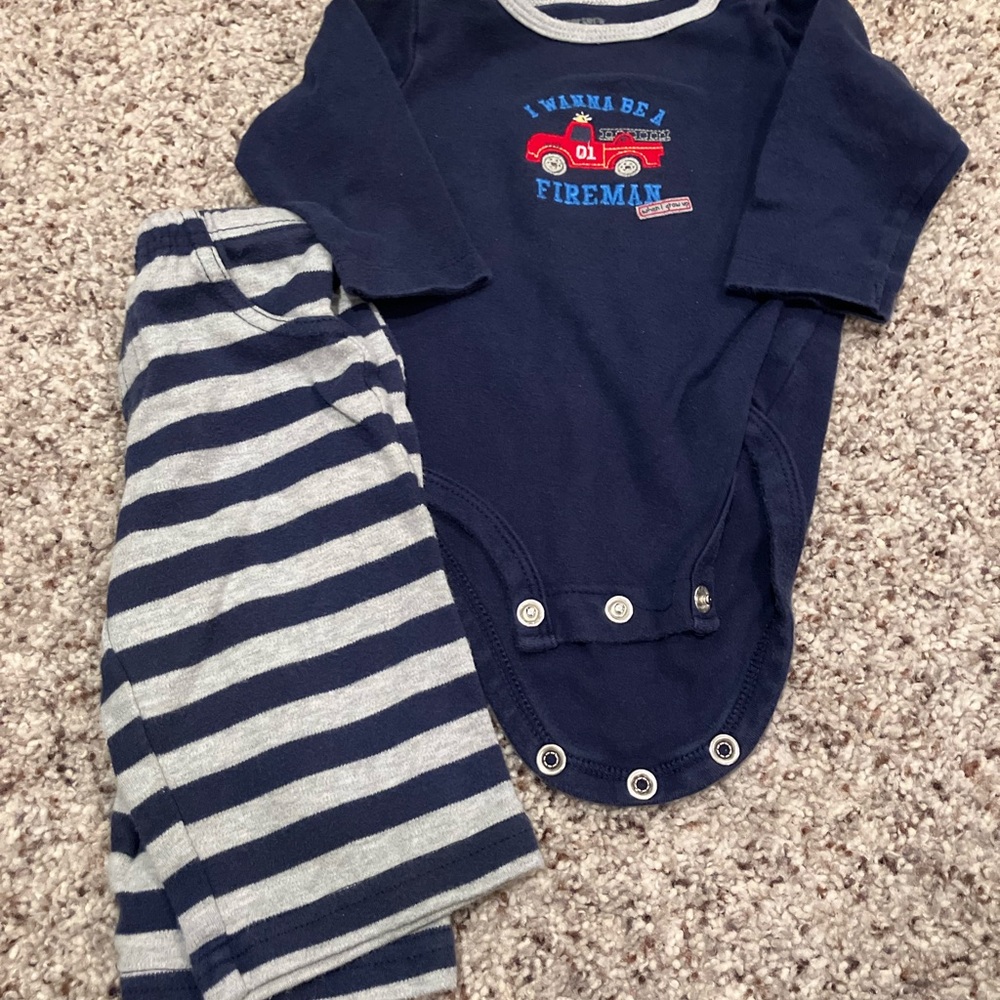Carter’s Baby Boy 2-Piece Outfit 6 Months Fireman Bodysuit & Striped Pants